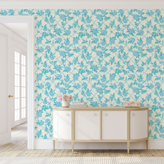 Grasscloth Paperweave wallpaper Natural Textured Eco-Friendly Non-toxic High-quality  Sustainable Interior Design Bold Custom Tailor-made Retro chic Grand millennial Maximalism  Traditional Dopamine decor garden grandma cottage core botanical rose floral flower rose bloom trellis stripe blue periwinkle girl feminine nursery