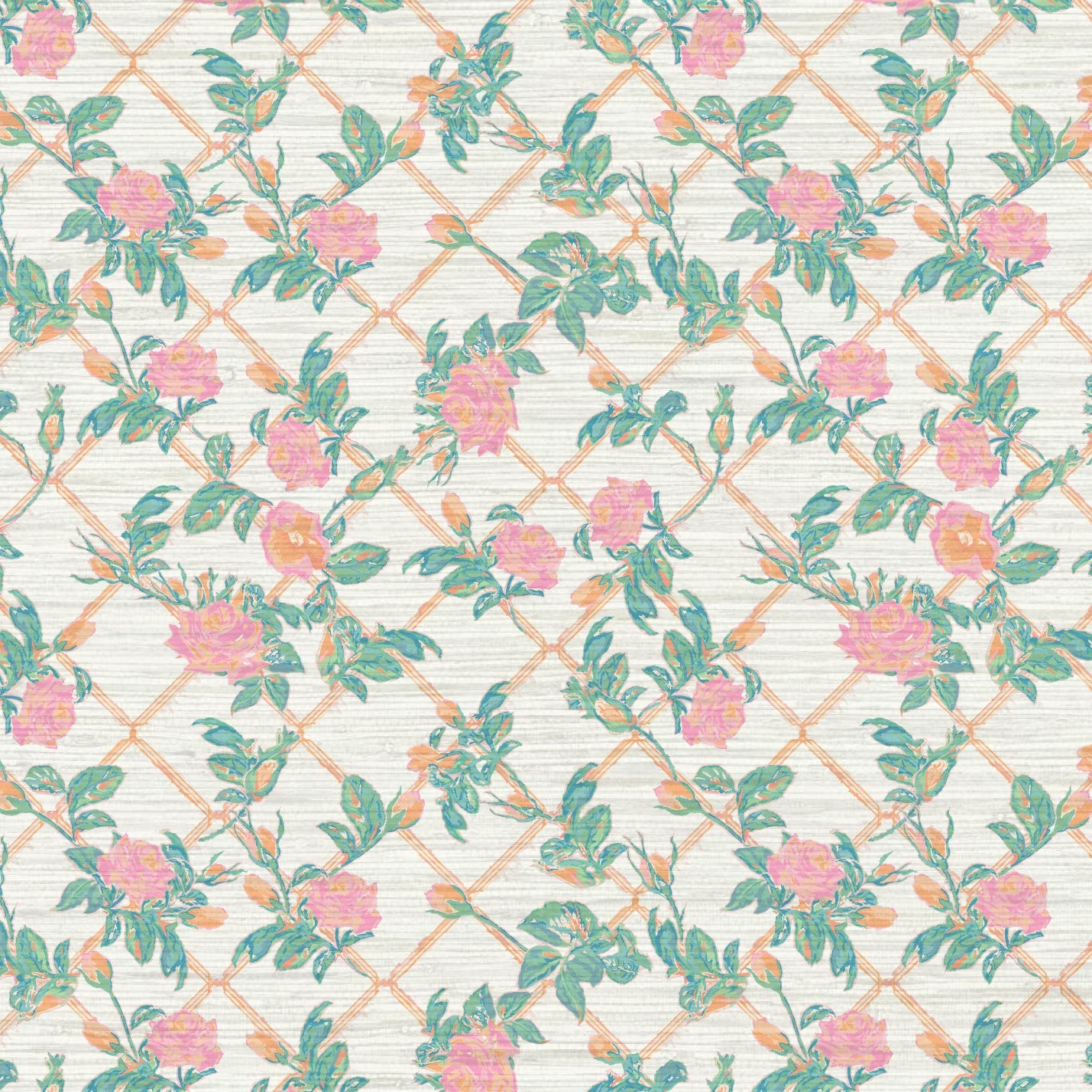 Grasscloth Paperweave wallpaper Natural Textured Eco-Friendly Non-toxic High-quality  Sustainable Interior Design Bold Custom Tailor-made Retro chic Grand millennial Maximalism  Traditional Dopamine decor garden grandma cottage core botanical rose floral flower rose bloom trellis stripe pink green white girl feminine nursery