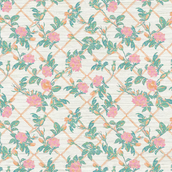 Grasscloth Paperweave wallpaper Natural Textured Eco-Friendly Non-toxic High-quality  Sustainable Interior Design Bold Custom Tailor-made Retro chic Grand millennial Maximalism  Traditional Dopamine decor garden grandma cottage core botanical rose floral flower rose bloom trellis stripe pink green white girl feminine nursery