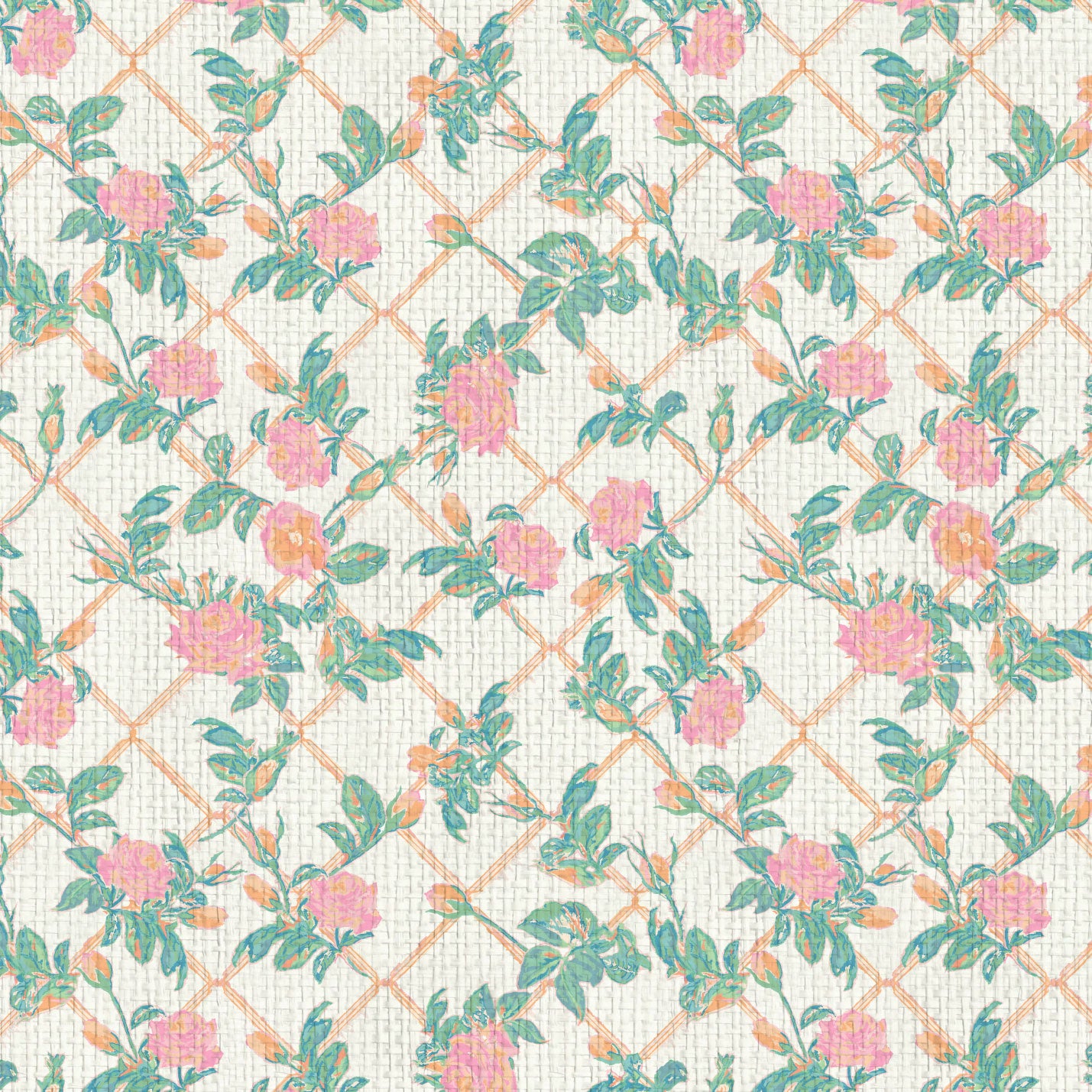 Grasscloth Paperweave wallpaper Natural Textured Eco-Friendly Non-toxic High-quality  Sustainable Interior Design Bold Custom Tailor-made Retro chic Grand millennial Maximalism  Traditional Dopamine decor garden grandma cottage core botanical rose floral flower rose bloom trellis stripe pink green white girl feminine nursery