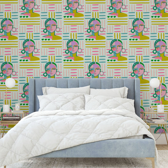 brittany atkinson art collaboration geometric stripe wallpaper wall covering grasscloth grass cloth paper weave textured custom luxury natural woman artist women contemporary modern interior design bold tailor made Eco-Friendly
Non-toxic
High-quality 
Sustainable
Retro chic
Grand millennial
Maximalism 
Traditional
Dopamine decor 
multicolored lines stripes pink white green cream blue