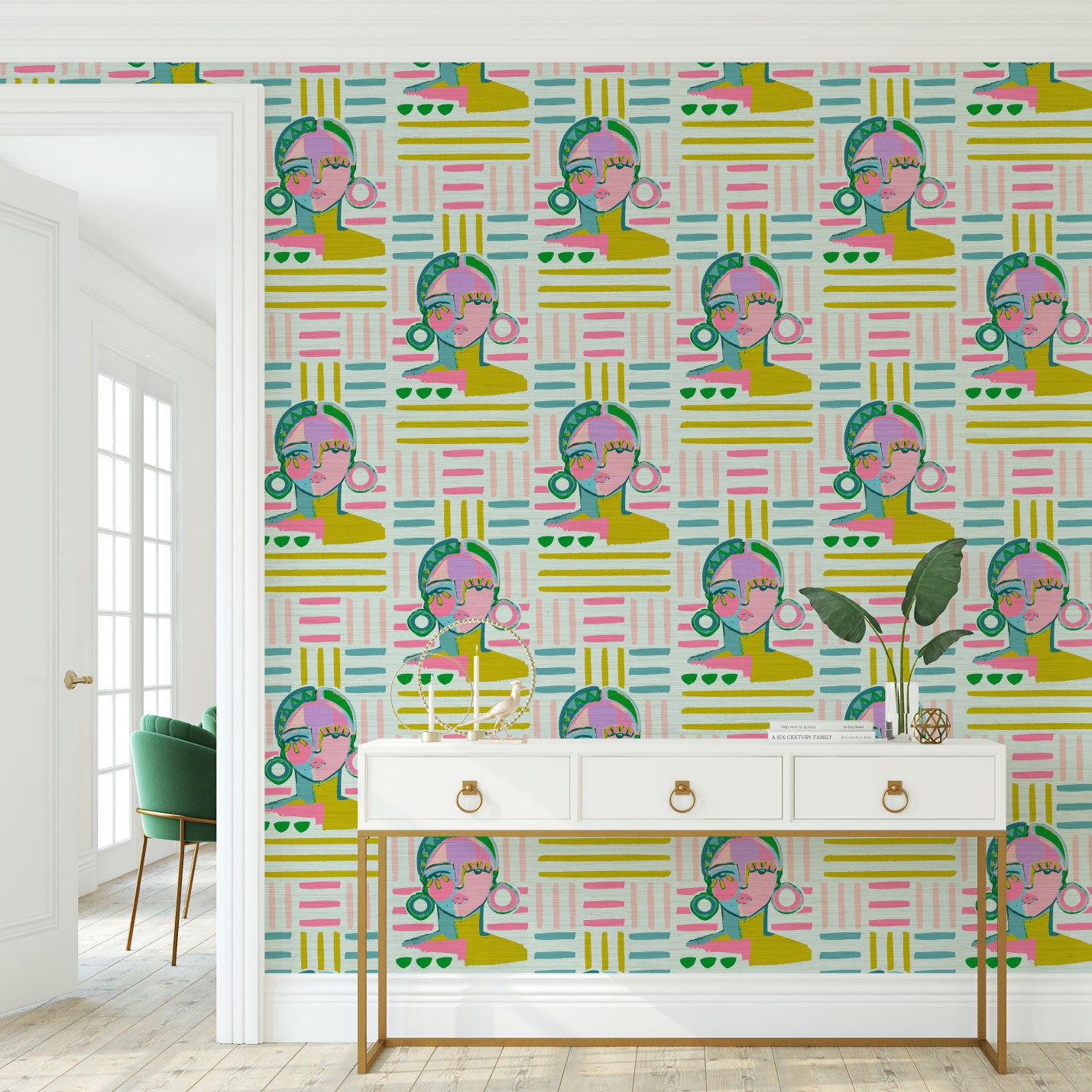 brittany atkinson art collaboration geometric stripe wallpaper wall covering grasscloth grass cloth paper weave textured custom luxury natural woman artist women contemporary modern interior design bold tailor made Eco-Friendly
Non-toxic
High-quality 
Sustainable
Retro chic
Grand millennial
Maximalism 
Traditional
Dopamine decor 
multicolored lines stripes pink white green cream blue