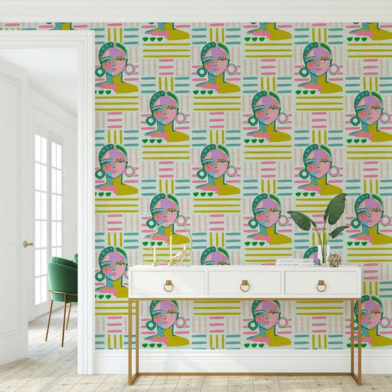 brittany atkinson art collaboration geometric stripe wallpaper wall covering grasscloth grass cloth paper weave textured custom luxury natural woman artist women contemporary modern interior design bold tailor made Eco-Friendly
Non-toxic
High-quality 
Sustainable
Retro chic
Grand millennial
Maximalism 
Traditional
Dopamine decor 
multicolored lines stripes pink white green cream blue