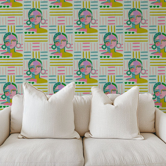 brittany atkinson art collaboration geometric stripe wallpaper wall covering grasscloth grass cloth paper weave textured custom luxury natural woman artist women contemporary modern interior design bold tailor made Eco-Friendly
Non-toxic
High-quality 
Sustainable
Retro chic
Grand millennial
Maximalism 
Traditional
Dopamine decor 
multicolored lines stripes pink white green cream blue