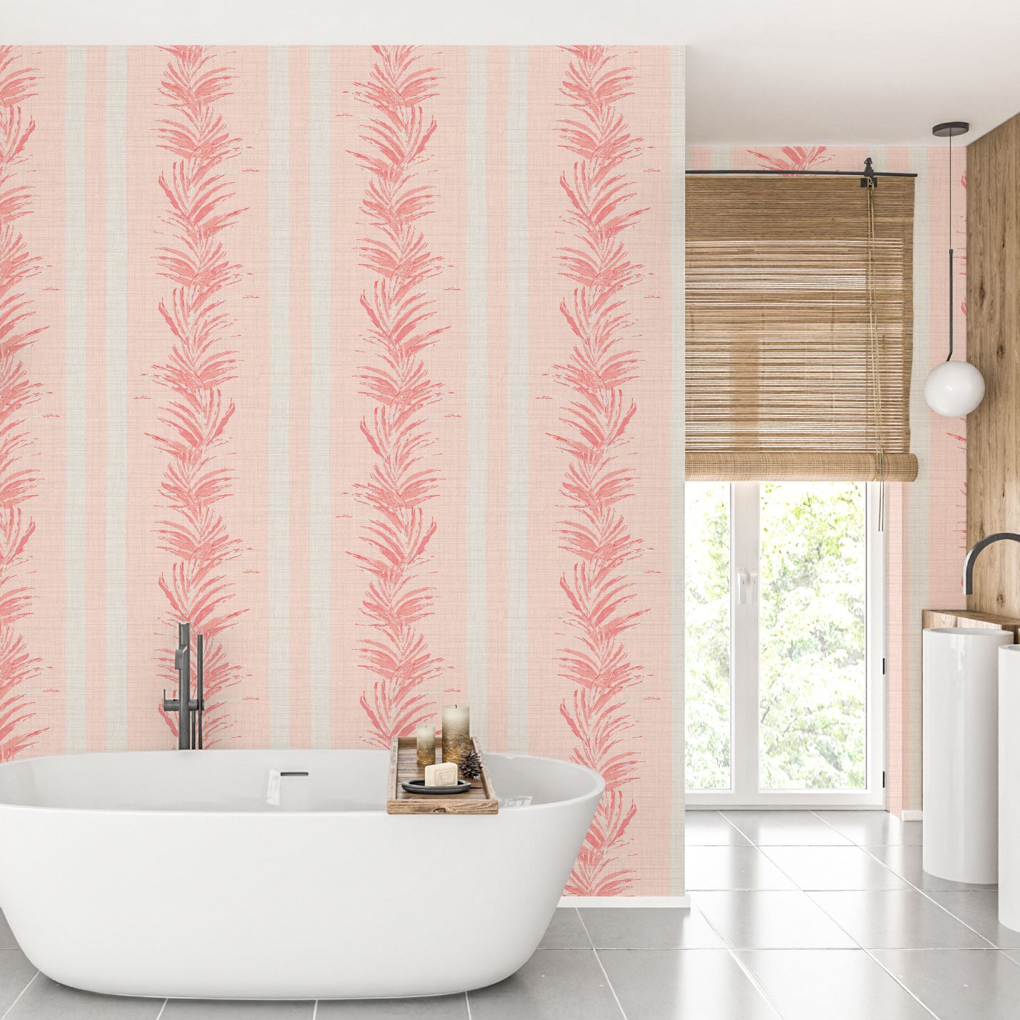 Fern Fever Stripes Textured Performance Vinyl Wallpaper in Coral Splashes