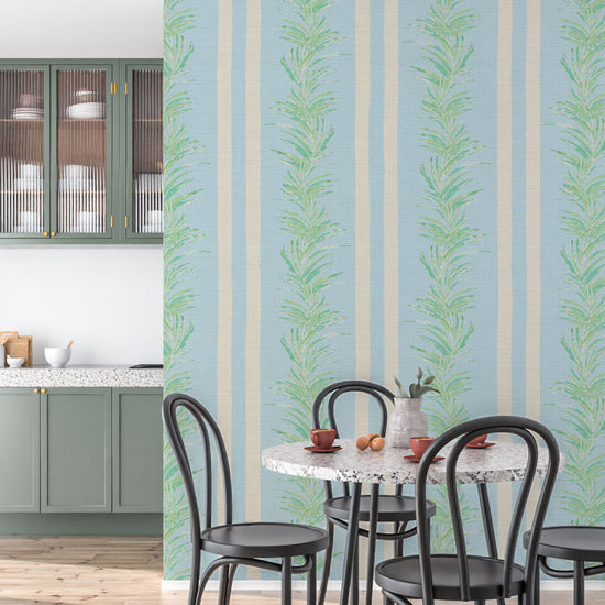 Fern Fever Stripes Textured Performance Vinyl Wallpaper in Ocean Waves Blue