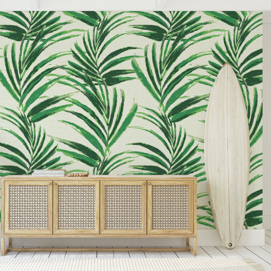 grasscloth printed wallpaper of linear twisted palm leaves vertical oversized stripes Grasscloth Natural Textured Eco-Friendly Non-toxic High-quality Sustainable practices Sustainability Interior Design Wall covering Bold Wallpaper Custom Tailor-made Retro chic Tropical jungle beverly hills hilton hotel palm print garden botanical Coastal Seashore Waterfront Vacation home styling Retreat Relaxed beach vibes Beach cottage Shoreline green kelly beverly hills hotel green kelly