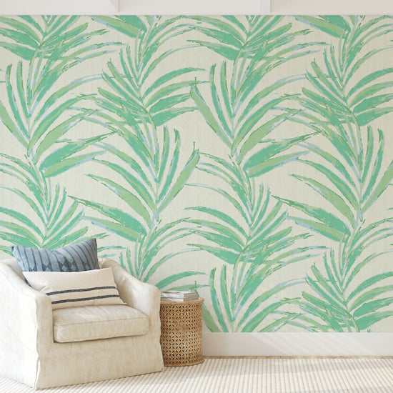 paper weave printed wallpaper of linear twisted palm leaves vertical oversized stripes Grasscloth Natural Textured Eco-Friendly Non-toxic High-quality Sustainable practices Sustainability Interior Design Wall covering Bold Wallpaper Custom Tailor-made Retro chic Tropical jungle beverly hills hilton hotel palm print garden botanical Coastal Seashore Waterfront Vacation home styling Retreat Relaxed beach vibes Beach cottage Shoreline beverly hills hotel ocean blue sky light baby pastel green mint sage