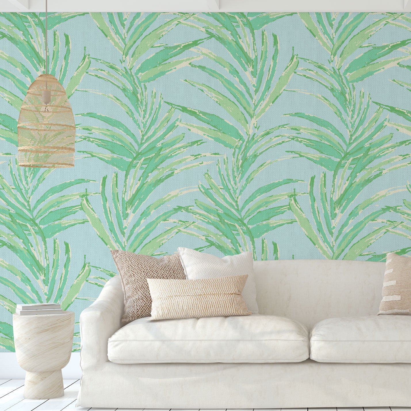 paper weave printed wallpaper of linear twisted palm leaves vertical oversized stripes Grasscloth Natural Textured Eco-Friendly Non-toxic High-quality Sustainable practices Sustainability Interior Design Wall covering Bold Wallpaper Custom Tailor-made Retro chic Tropical jungle beverly hills hilton hotel palm print garden botanical Coastal Seashore Waterfront Vacation home styling Retreat Relaxed beach vibes Beach cottage Shoreline beverly hills hotel ocean blue sky light baby pastel green mint sage