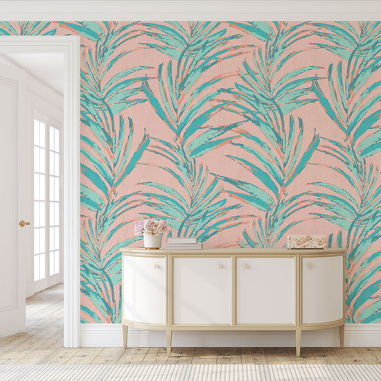 paper weave printed wallpaper of linear twisted palm leaves vertical oversized stripes Grasscloth Natural Textured Eco-Friendly Non-toxic High-quality Sustainable practices Sustainability Interior Design Wall covering Bold Wallpaper Custom Tailor-made Retro chic Tropical jungle beverly hills hilton hotel palm print garden botanical Coastal Seashore Waterfront Vacation home styling Retreat Relaxed beach vibes Beach cottage Shoreline beverly hills hotel ocean blue sky baby pink teal green blue coral