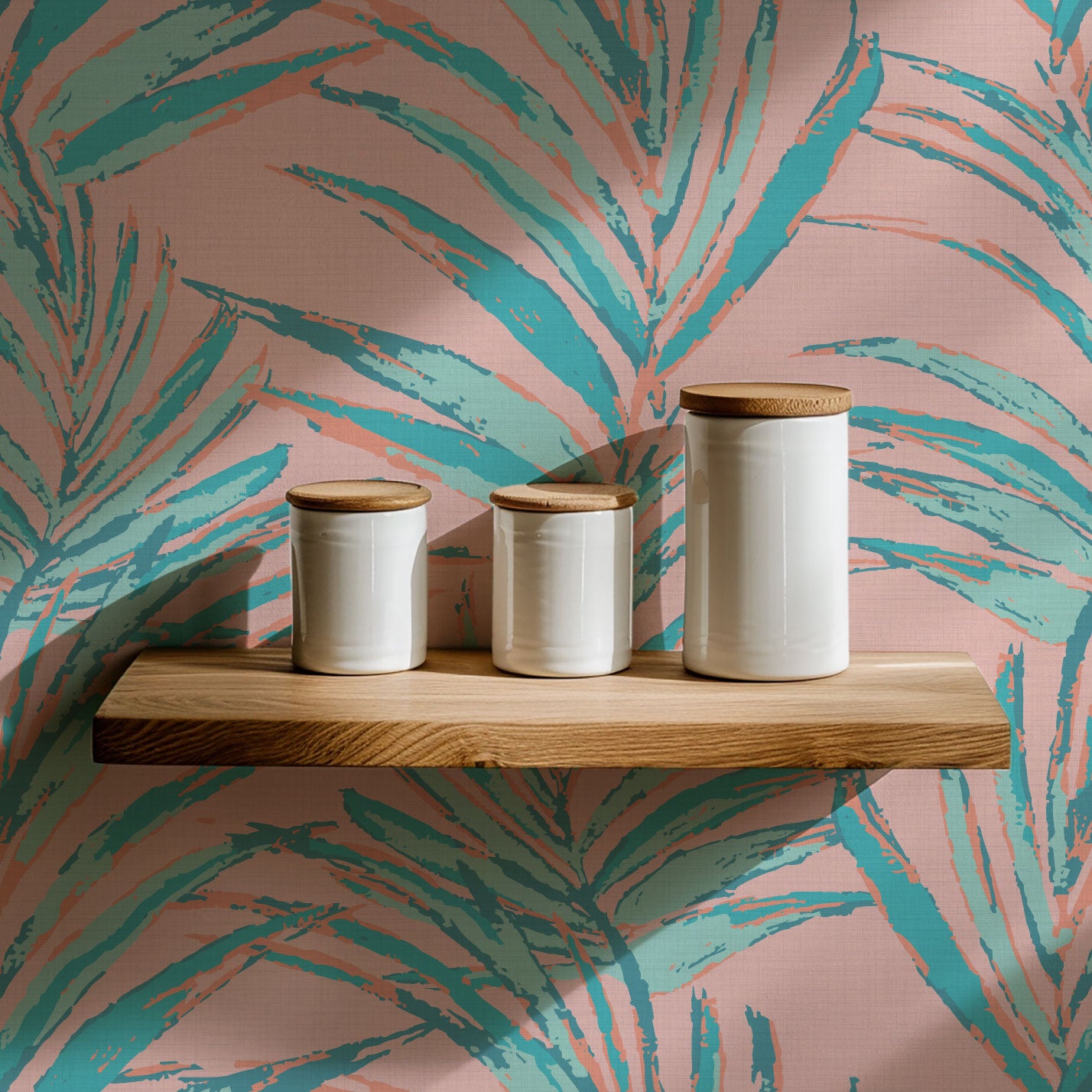 Fern Forest Striped Leaf Textured Performance Vinyl Wallpaper in Bahama Blue & Coral