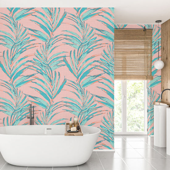 Fern Forest Striped Leaf Textured Performance Vinyl Wallpaper in Bahama Blue & Coral