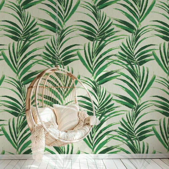 paper weave printed wallpaper of linear twisted palm leaves vertical oversized stripes paperweave Natural Textured Eco-Friendly Non-toxic High-quality Sustainable practices Sustainability Interior Design Wall covering Bold Wallpaper Custom Tailor-made Retro chic Tropical jungle beverly hills hilton hotel palm print garden botanical Coastal Seashore Waterfront Vacation home styling Retreat Relaxed beach vibes Beach cottage Shoreline beverly hills hotel cream white hunter jungle bright green basketweave