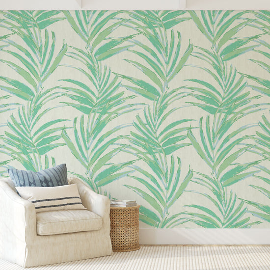 paper weave printed wallpaper of linear twisted palm leaves vertical oversized stripes paperweave Natural Textured Eco-Friendly Non-toxic High-quality Sustainable practices Sustainability Interior Design Wall covering Bold Wallpaper Custom Tailor-made Retro chic Tropical jungle beverly hills hilton hotel palm print garden botanical Coastal Seashore Waterfront Vacation home styling Retreat Relaxed beach vibes Beach cottage Shoreline beverly hills hotel ocean blue sky light baby pastel green mint sage