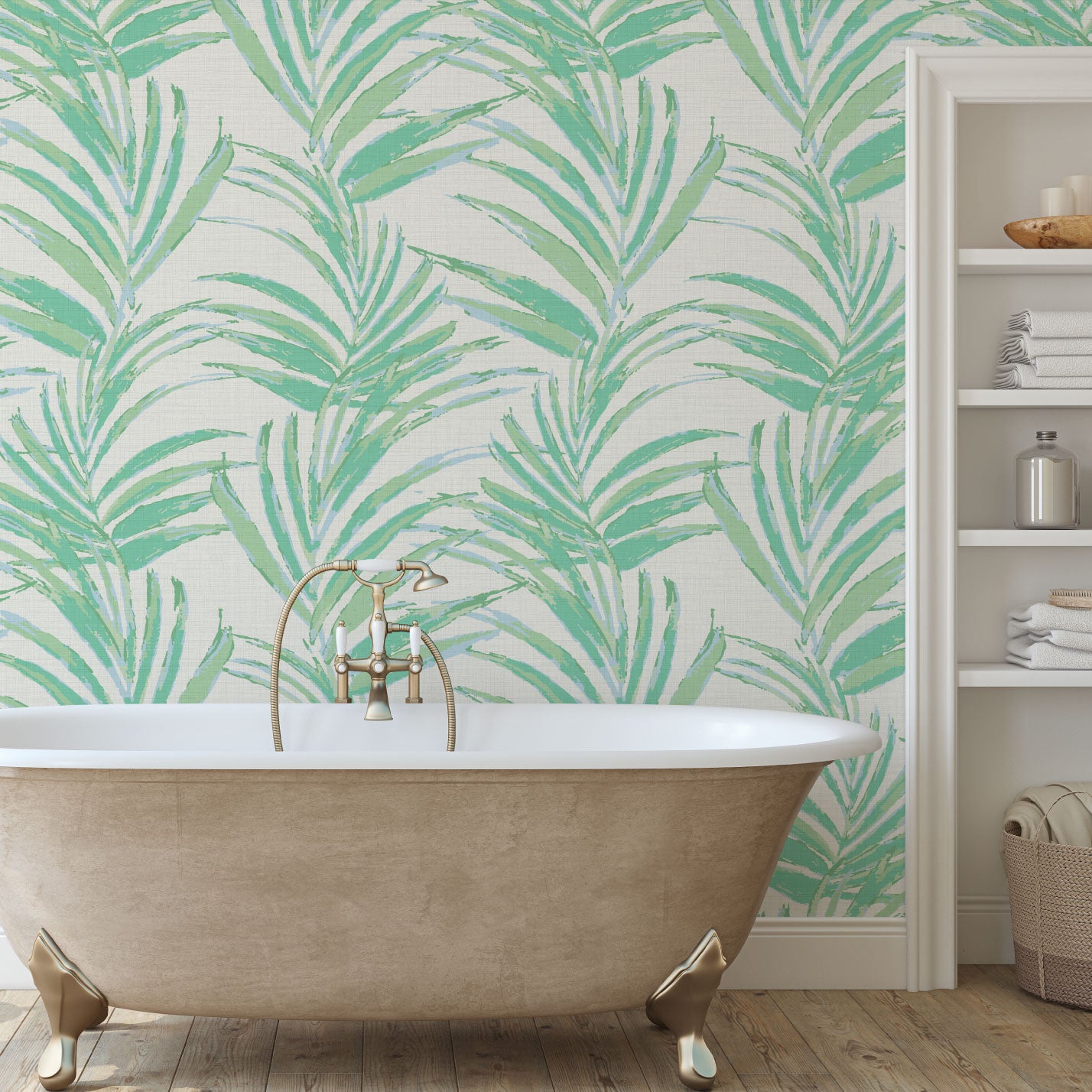 Fern Forest Striped Leaf Textured Performance Vinyl Wallpaper in Mint Milkshake White