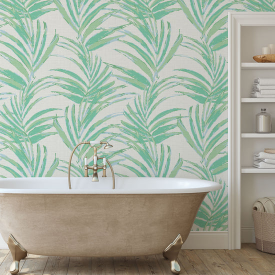 Fern Forest Striped Leaf Textured Performance Vinyl Wallpaper in Mint Milkshake White