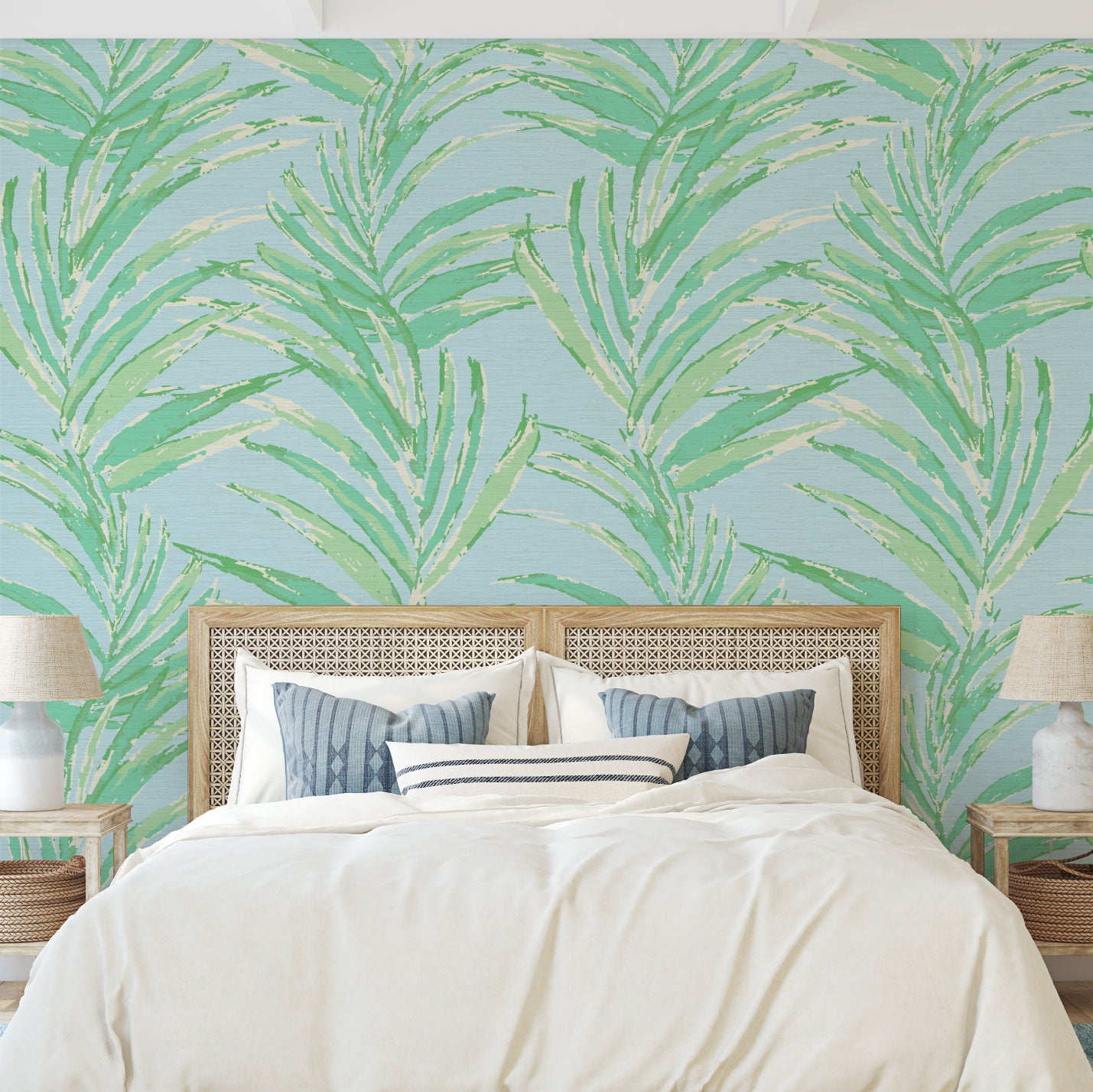 grasscloth printed wallpaper of linear twisted palm leaves vertical oversized stripes Grasscloth Natural Textured Eco-Friendly Non-toxic High-quality Sustainable practices Sustainability Interior Design Wall covering Bold Wallpaper Custom Tailor-made Retro chic Tropical jungle beverly hills hilton hotel palm print garden botanical Coastal Seashore Waterfront Vacation home styling Retreat Relaxed beach vibes Beach cottage Shoreline beverly hills hotel ocean blue sky light baby pastel green mint sage bedroom