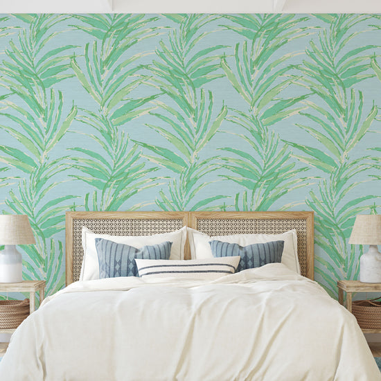 grasscloth printed wallpaper of linear twisted palm leaves vertical oversized stripes Grasscloth Natural Textured Eco-Friendly Non-toxic High-quality Sustainable practices Sustainability Interior Design Wall covering Bold Wallpaper Custom Tailor-made Retro chic Tropical jungle beverly hills hilton hotel palm print garden botanical Coastal Seashore Waterfront Vacation home styling Retreat Relaxed beach vibes Beach cottage Shoreline beverly hills hotel ocean blue sky light baby pastel green mint sage