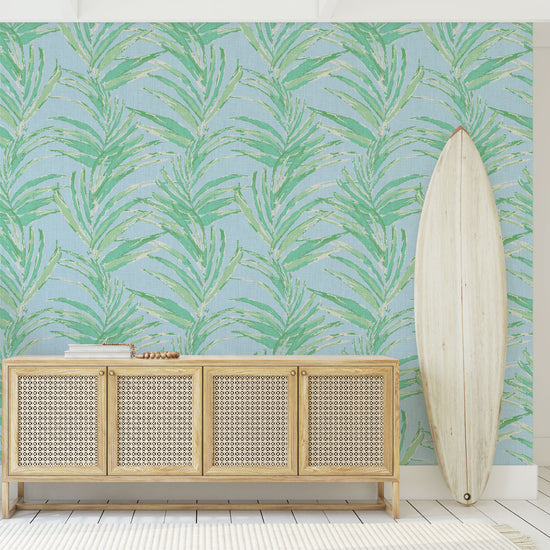 printed wallpaper of linear twisted palm leaves vertical oversized stripes Grasscloth Natural Textured Eco-Friendly Non-toxic High-quality Sustainable practices Sustainability Interior Design Wall covering Bold Wallpaper Custom Tailor-made Retro chic Tropical jungle beverly hills hilton hotel palm print garden botanical Coastal Seashore Waterfront Vacation home styling Retreat Relaxed beach vibes Beach cottage Shoreline beverly hills hotel ocean blue sky light baby pastel green mint sage linen