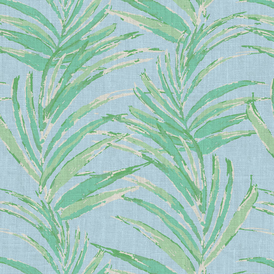 printed wallpaper of linear twisted palm leaves vertical oversized stripes Grasscloth Natural Textured Eco-Friendly Non-toxic High-quality Sustainable practices Sustainability Interior Design Wall covering Bold Wallpaper Custom Tailor-made Retro chic Tropical jungle beverly hills hilton hotel palm print garden botanical Coastal Seashore Waterfront Vacation home styling Retreat Relaxed beach vibes Beach cottage Shoreline beverly hills hotel ocean blue sky light baby pastel green mint sage linen french blue