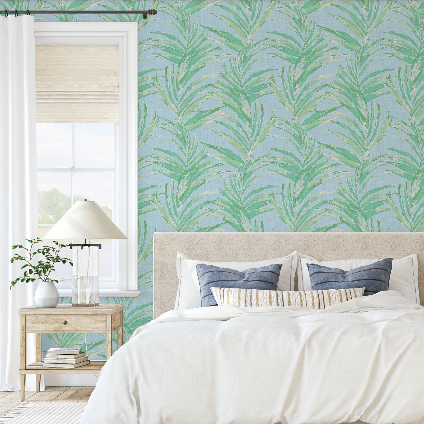 printed wallpaper of linear twisted palm leaves vertical oversized stripes Grasscloth Natural Textured Eco-Friendly Non-toxic High-quality Sustainable practices Sustainability Interior Design Wall covering Bold Wallpaper Custom Tailor-made Retro chic Tropical jungle beverly hills hilton hotel palm print garden botanical Coastal Seashore Waterfront Vacation home styling Retreat Relaxed beach vibes Beach cottage Shoreline beverly hills hotel ocean blue sky light baby pastel green mint sage linen
