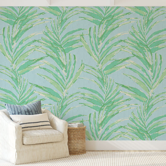 paper weave printed wallpaper of linear twisted palm leaves vertical oversized stripes Grasscloth Natural Textured Eco-Friendly Non-toxic High-quality Sustainable practices Sustainability Interior Design Wall covering Bold Wallpaper Custom Tailor-made Retro chic Tropical jungle beverly hills hilton hotel palm print garden botanical Coastal Seashore Waterfront Vacation home styling Retreat Relaxed beach vibes Beach cottage Shoreline beverly hills hotel ocean blue sky light baby pastel green mint sage