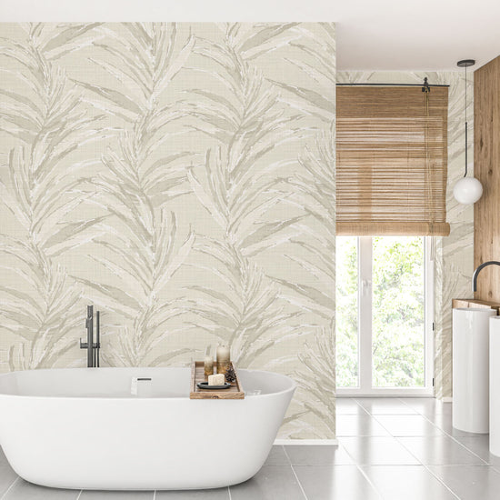 Fern Forest Striped Leaf Textured Performance Vinyl Wallpaper in Sand Castle Beige