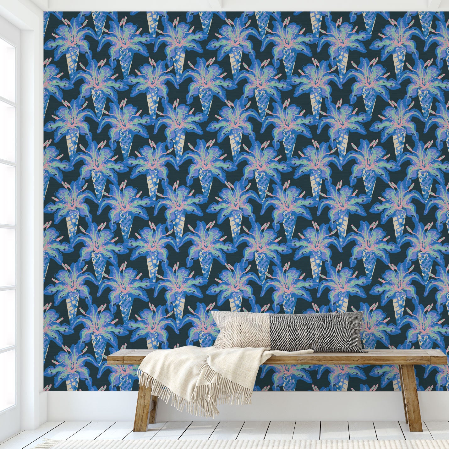 Grasscloth wallpaper Natural Textured Eco-Friendly Non-toxic High-quality  Sustainable Interior Design Bold Custom Tailor-made Retro chic Tropical Jungle garden nature inspired floral botanical flowers bouquet black blue purple foyer entrance