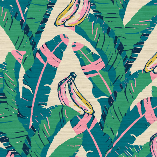 printed grasscloth wallpaper oversized banana leafs vertical stripe bananas Grasscloth Natural Textured Eco-Friendly Non-toxic High-quality  Sustainable practices Sustainability Interior Design Wall covering Bold Wallpaper Custom Tailor-made Retro chic Tropical jungle garden botanical food vacation beach kid