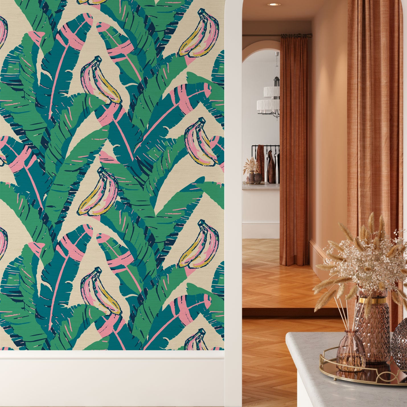 printed grasscloth wallpaper oversized banana leafs vertical stripe bananas Grasscloth Natural Textured Eco-Friendly Non-toxic High-quality Sustainable practices Sustainability Interior Design Wall covering Bold Wallpaper Custom Tailor-made Retro chic Tropical jungle garden botanical food vacation beach kid