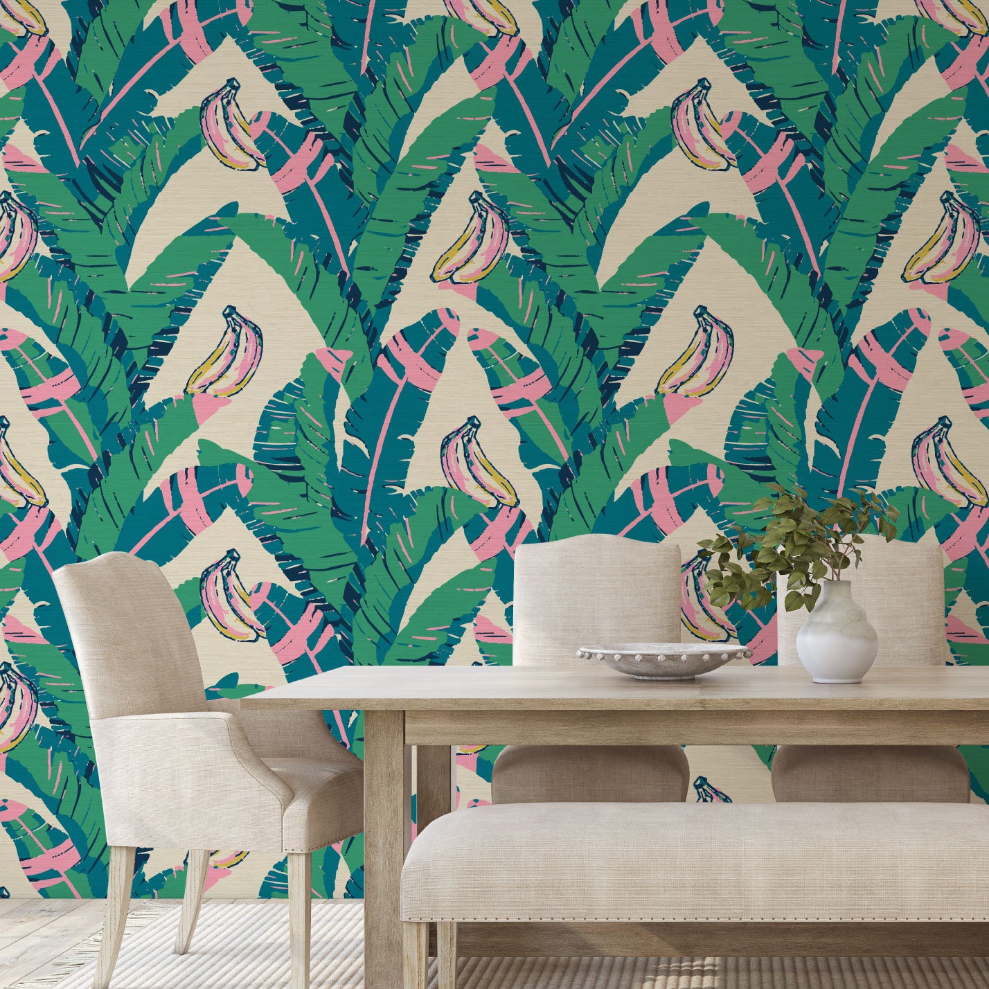 printed grasscloth wallpaper oversized banana leafs vertical stripe bananas Grasscloth Natural Textured Eco-Friendly Non-toxic High-quality  Sustainable practices Sustainability Interior Design Wall covering Bold Wallpaper Custom Tailor-made Retro chic Tropical jungle garden botanical food vacation beach kid