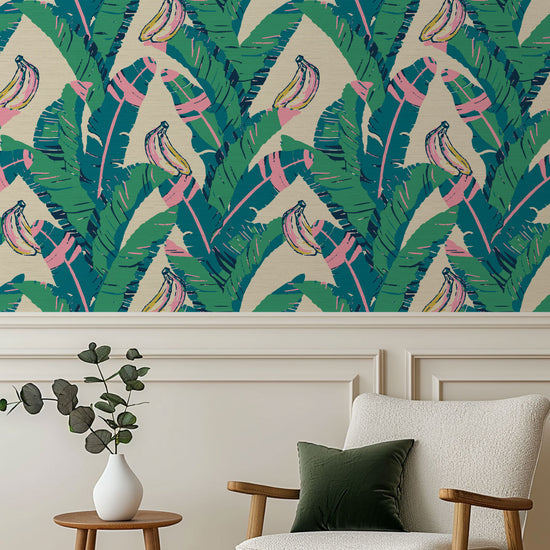 printed grasscloth wallpaper oversized banana leafs vertical stripe bananas Grasscloth Natural Textured Eco-Friendly Non-toxic High-quality  Sustainable practices Sustainability Interior Design Wall covering Bold Wallpaper Custom Tailor-made Retro chic Tropical jungle garden botanical food vacation beach kid