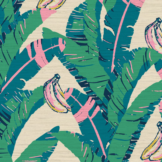 printed grasscloth wallpaper oversized banana leafs vertical stripe bananas Grasscloth Natural Textured Eco-Friendly Non-toxic High-quality  Sustainable practices Sustainability Interior Design Wall covering Bold Wallpaper Custom Tailor-made Retro chic Tropical jungle garden botanical food vacation beach kid