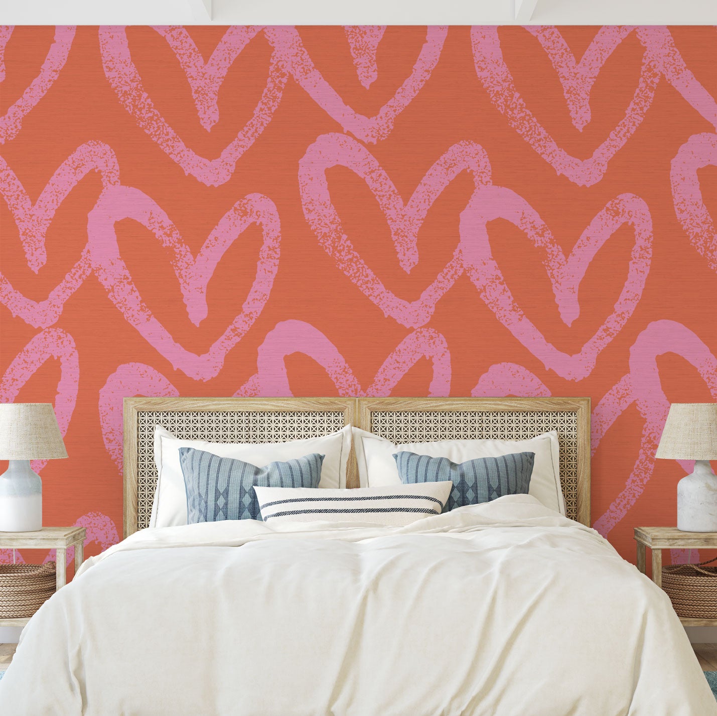 printed grasscloth wallpaper oversized heart print assortment collaboration with House of Shannon shan Natural Textured Eco-Friendly Non-toxic High-quality Sustainable practices Sustainability Interior Design Wall covering Bold Wallpaper Custom Tailor-made Retro chic kids playroom hand drawn fun pink coral hot pink red orange bedroom