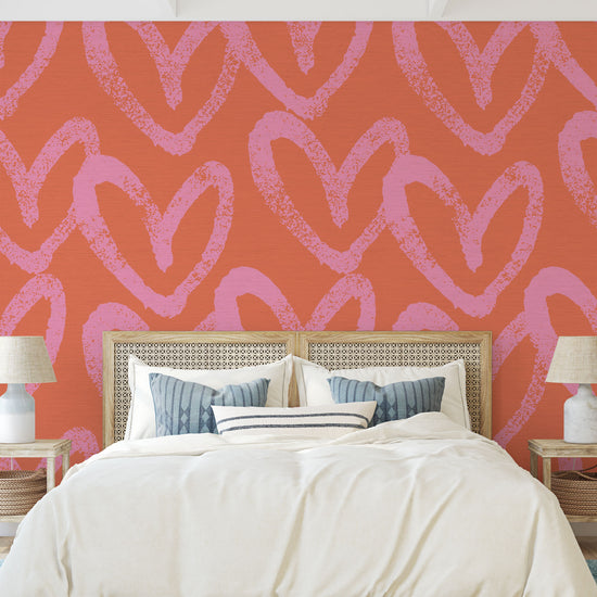printed grasscloth wallpaper oversized heart print assortment collaboration with House of Shannon shan Natural Textured Eco-Friendly Non-toxic High-quality Sustainable practices Sustainability Interior Design Wall covering Bold Wallpaper Custom Tailor-made Retro chic kids playroom hand drawn fun pink coral hot pink red orange bedroom