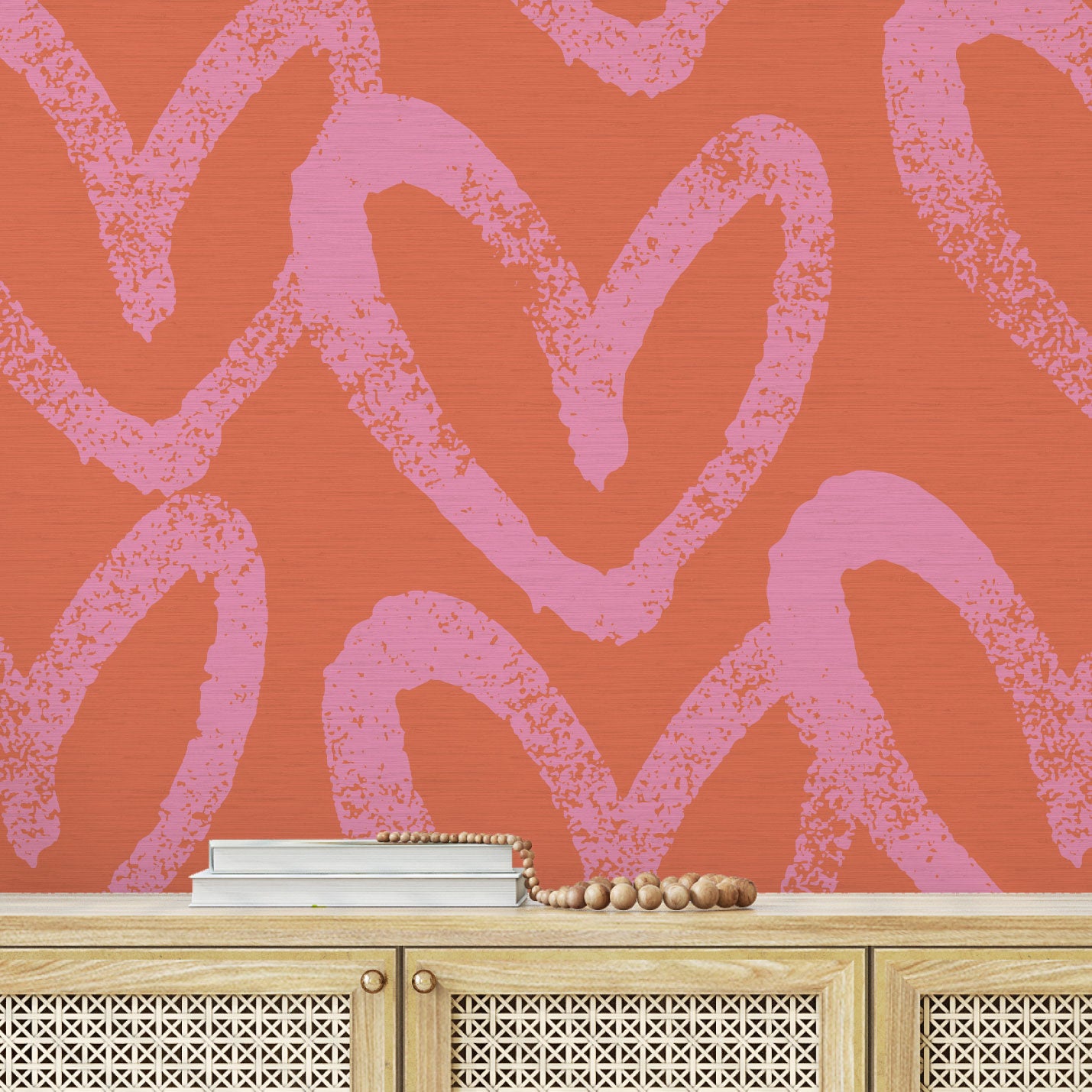 printed grasscloth wallpaper oversized heart print assortment collaboration with House of Shannon shan Natural Textured Eco-Friendly Non-toxic High-quality Sustainable practices Sustainability Interior Design Wall covering Bold Wallpaper Custom Tailor-made Retro chic kids playroom hand drawn fun pink coral hot pink red orange living room foyer entrance hallway bathroom