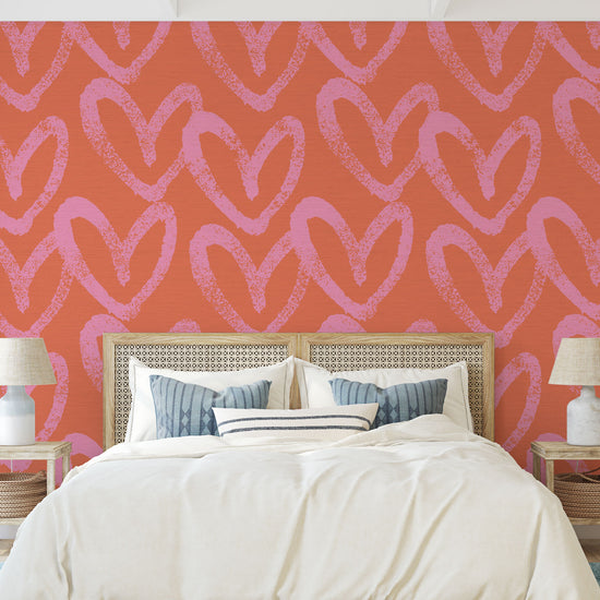 printed grasscloth wallpaper oversized heart print assortment collaboration with House of Shannon shan Natural Textured Eco-Friendly Non-toxic High-quality  Sustainable practices Sustainability Interior Design Wall covering Bold Wallpaper Custom Tailor-made Retro chic kids playroom hand drawn fun pink coral hot pink red orange