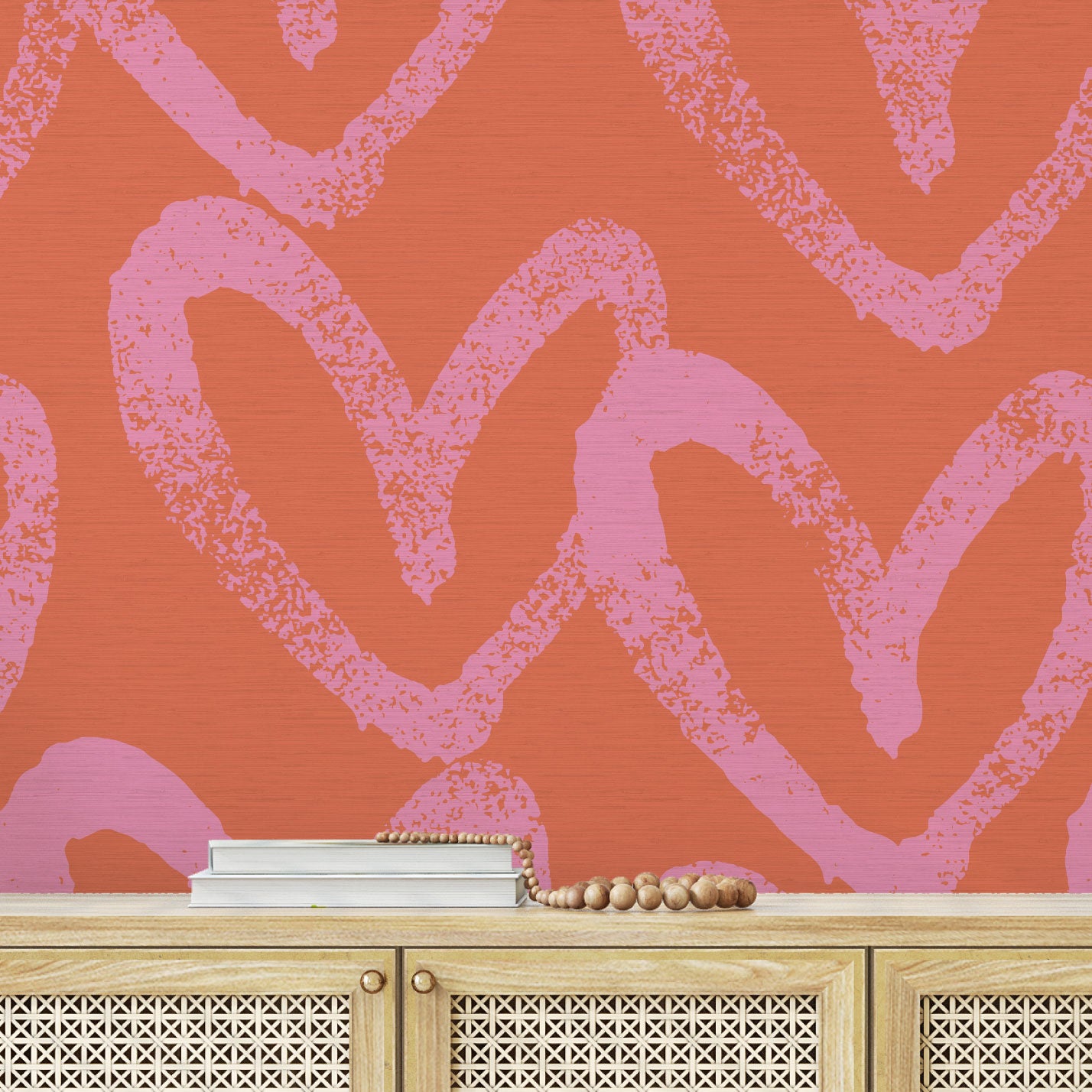 printed grasscloth wallpaper oversized heart print assortment collaboration with House of Shannon shan Natural Textured Eco-Friendly Non-toxic High-quality  Sustainable practices Sustainability Interior Design Wall covering Bold Wallpaper Custom Tailor-made Retro chic kids playroom hand drawn fun pink coral hot pink red orange