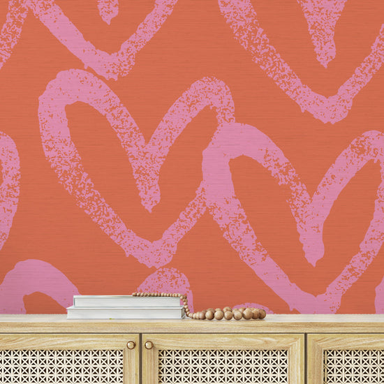 printed grasscloth wallpaper oversized heart print assortment collaboration with House of Shannon shan Natural Textured Eco-Friendly Non-toxic High-quality  Sustainable practices Sustainability Interior Design Wall covering Bold Wallpaper Custom Tailor-made Retro chic kids playroom hand drawn fun pink coral hot pink red orange