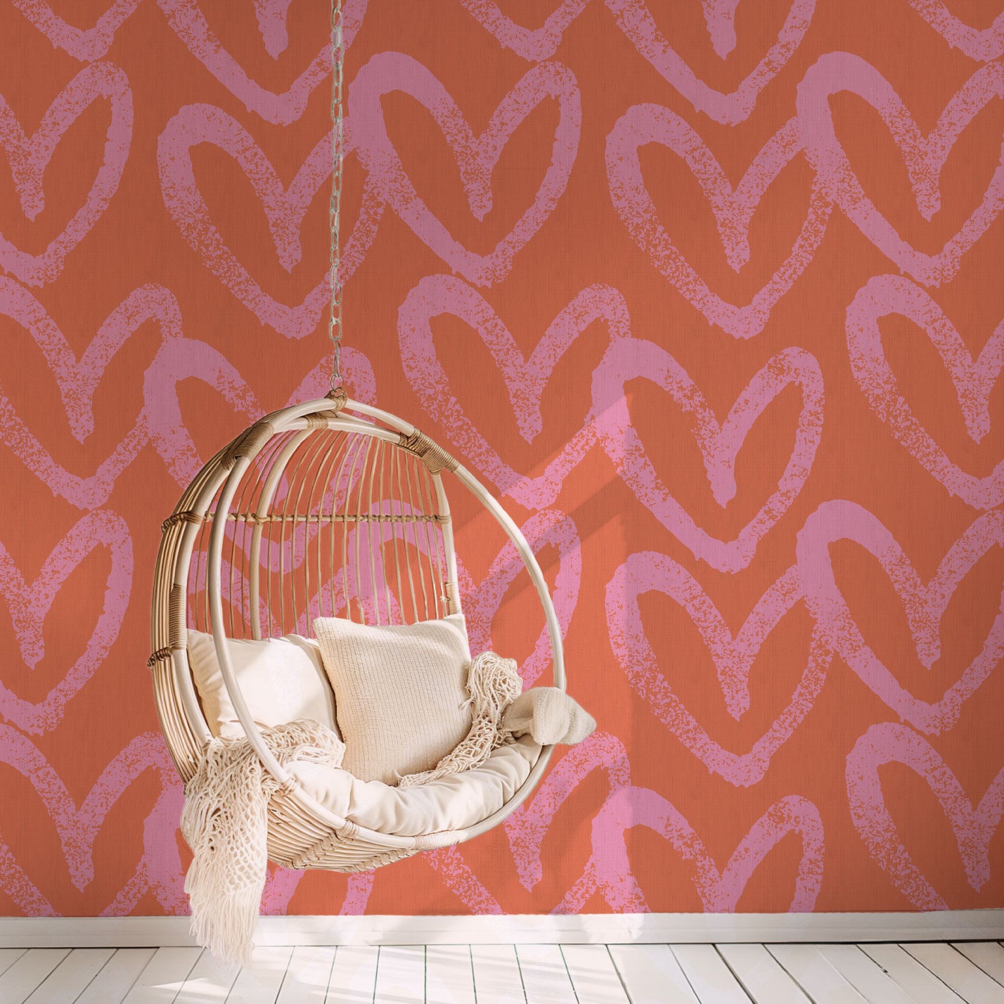 printed paperweave paper weave basketweave wallpaper oversized heart print assortment collaboration with House of Shannon shan Natural Textured Eco-Friendly Non-toxic High-quality  Sustainable practices Sustainability Interior Design Wall covering Bold Wallpaper Custom Tailor-made Retro chic kids playroom hand drawn fun pink coral hot pink red orange