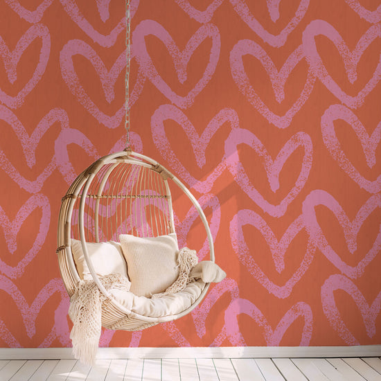 printed paperweave paper weave basketweave wallpaper oversized heart print assortment collaboration with House of Shannon shan Natural Textured Eco-Friendly Non-toxic High-quality  Sustainable practices Sustainability Interior Design Wall covering Bold Wallpaper Custom Tailor-made Retro chic kids playroom hand drawn fun pink coral hot pink red orange