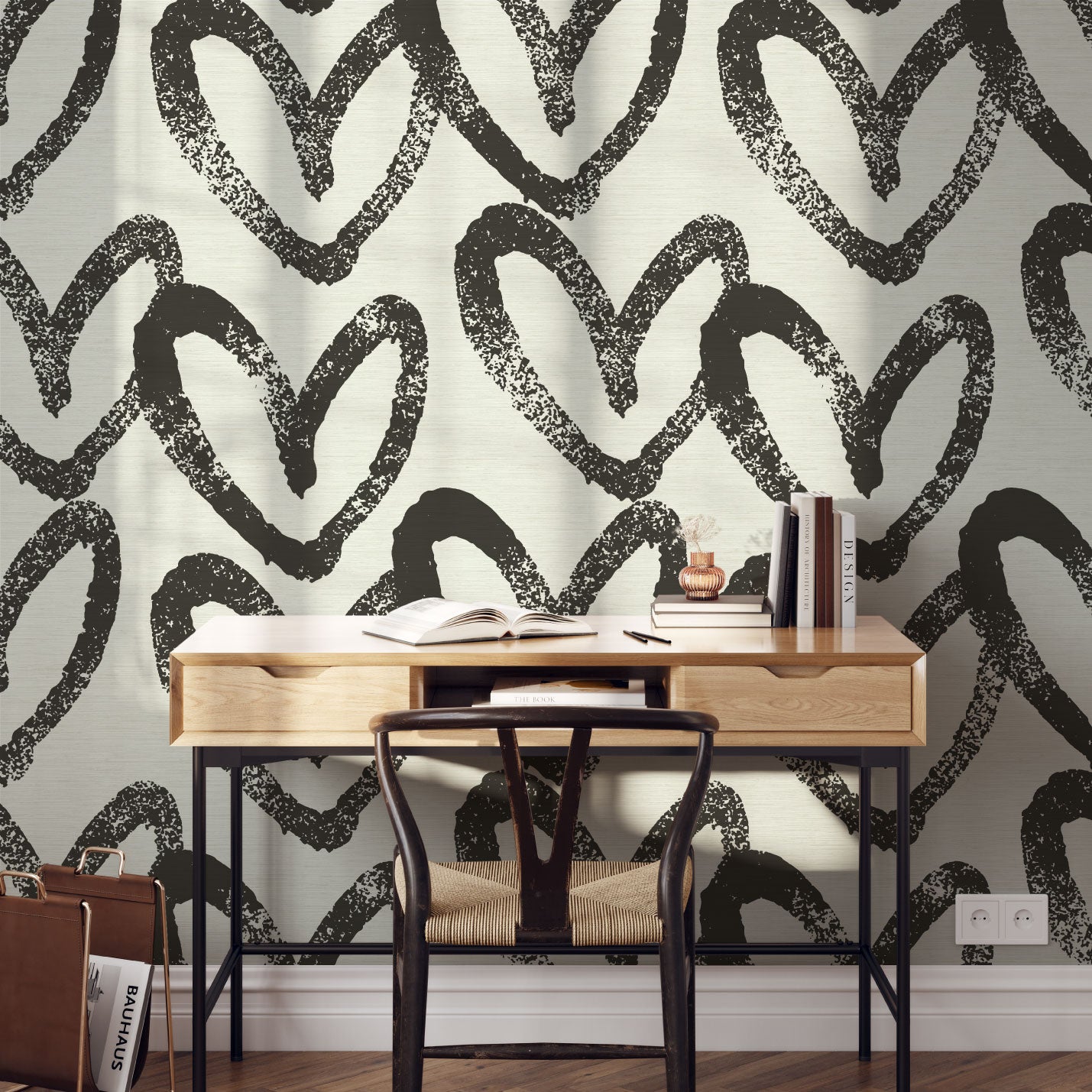 printed grasscloth wallpaper oversized heart print assortment collaboration with House of Shannon shan Natural Textured Eco-Friendly Non-toxic High-quality Sustainable practices Sustainability Interior Design Wall covering Bold Wallpaper Custom Tailor-made Retro chic kids playroom hand drawn fun cream natural neutral black off-white office study library