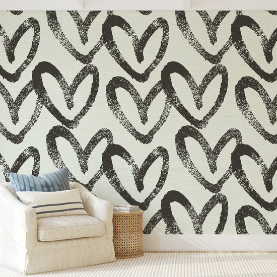 printed grasscloth wallpaper oversized heart print assortment collaboration with House of Shannon shan Natural Textured Eco-Friendly Non-toxic High-quality Sustainable practices Sustainability Interior Design Wall covering Bold Wallpaper Custom Tailor-made Retro chic kids playroom hand drawn fun cream natural neutral black off-white