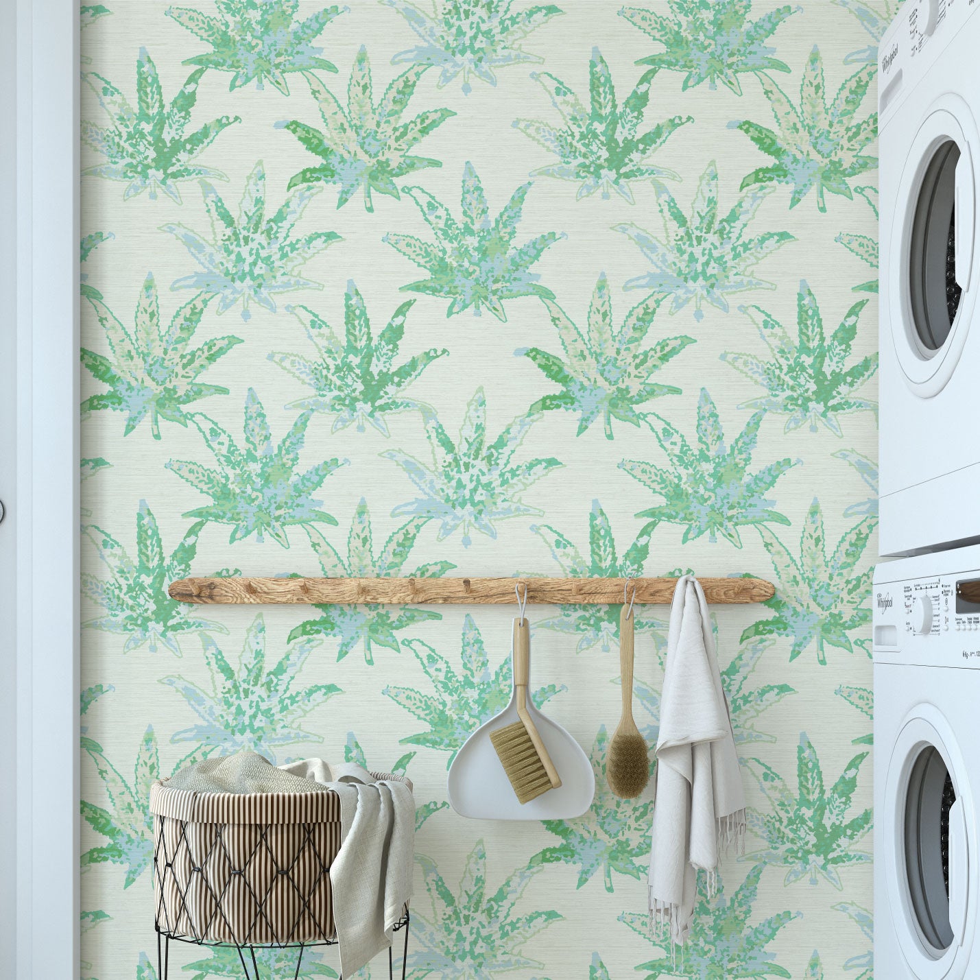 cream based printed grasscloth texture natural nature eco-friendly wallpaper wall-covering oversize marijuana weed mary jane leaf leaves arranged in a grid-like pattern tonal green watercolor leafs custom design interior design botanical garden tropical cream green bold high quality unique retro chic tropical jungle vacation retreat beach surf coastal laundry room
