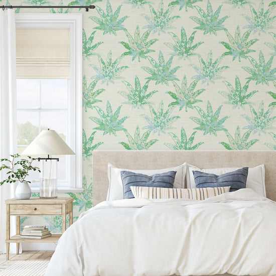 cream based printed grasscloth texture natural nature eco-friendly wallpaper wall-covering oversize marijuana weed mary jane leaf leaves arranged in a grid-like pattern tonal green watercolor leafs custom design interior design botanical garden tropical cream green bold high quality unique retro chic tropical jungle vacation retreat beach surf coastal bedroom