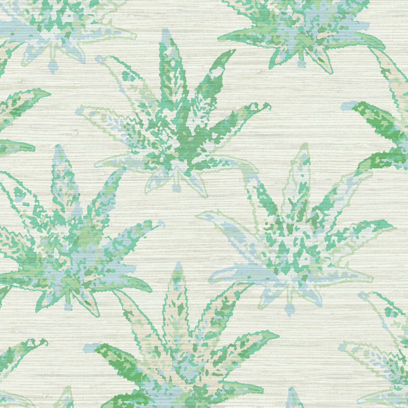 cream based printed grasscloth texture natural nature eco-friendly wallpaper wall-covering oversize marijuana weed mary jane leaf leaves arranged in a grid-like pattern tonal green watercolor leafs custom design interior design botanical garden tropical cream green bold high quality unique retro chic tropical jungle vacation retreat beach surf coastal
