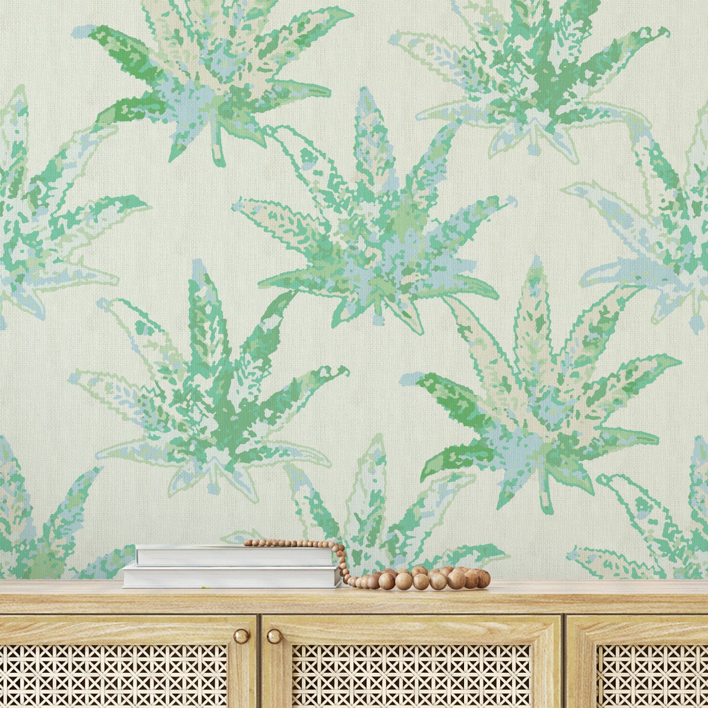 cream based printed grasscloth texture natural nature eco-friendly wallpaper wall-covering oversize marijuana weed mary jane leaf leaves arranged in a grid-like pattern tonal green watercolor leafs custom design interior design botanical garden tropical cream green bold high quality unique retro chic tropical jungle vacation retreat beach surf coastal paper weave paperweave