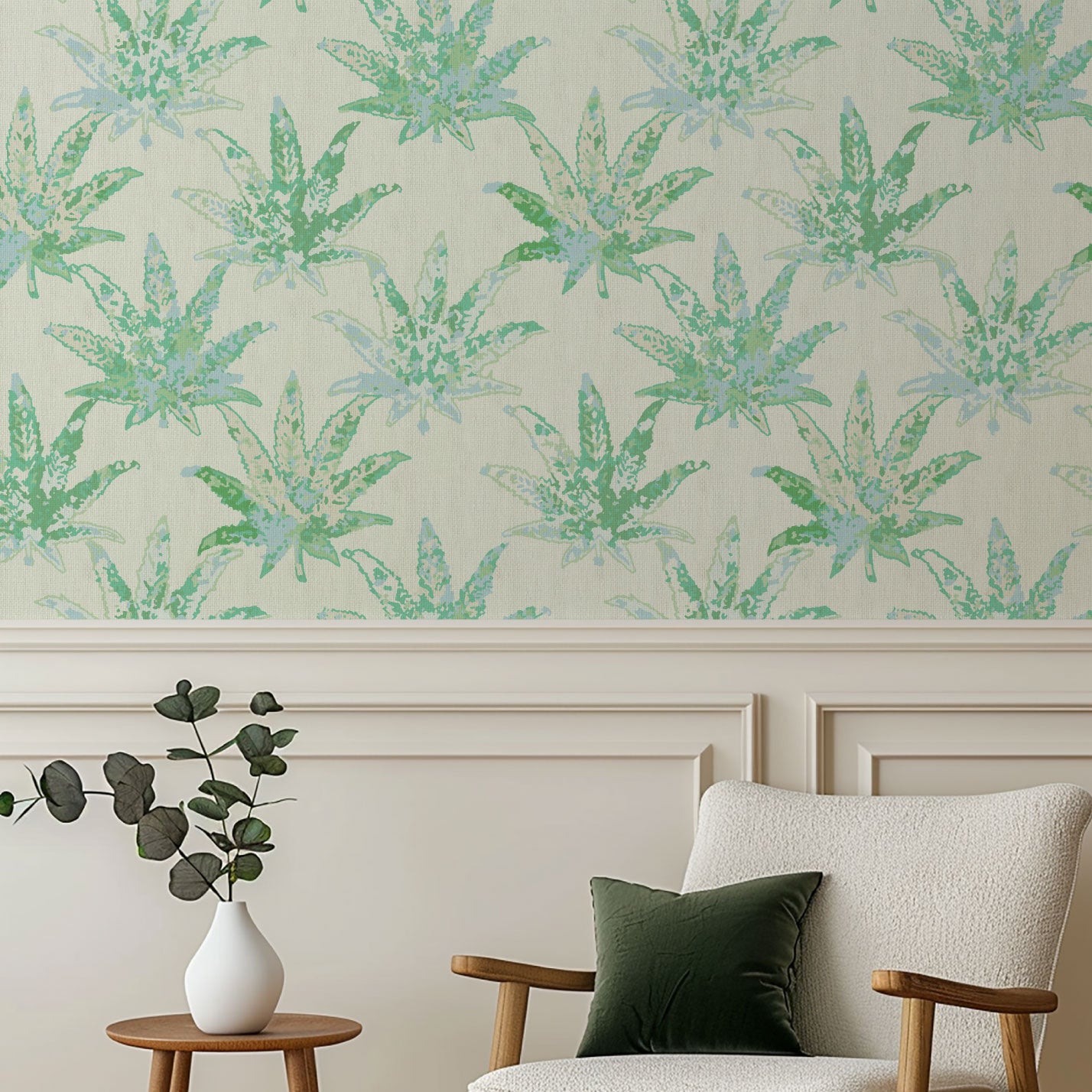 cream based printed grasscloth texture natural nature eco-friendly wallpaper wall-covering oversize marijuana weed mary jane leaf leaves arranged in a grid-like pattern tonal green watercolor leafs custom design interior design botanical garden tropical cream green bold high quality unique retro chic tropical jungle vacation retreat beach surf coastal paper weave paperweave