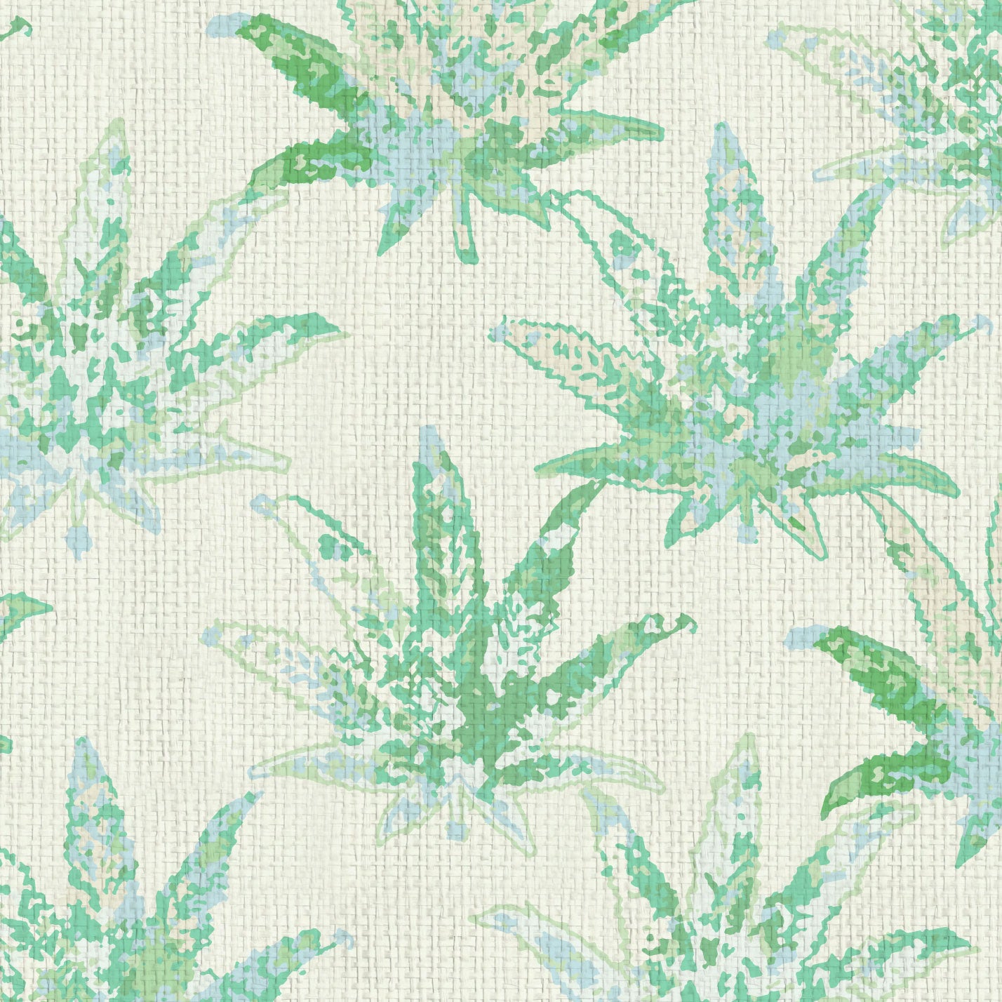 cream based printed grasscloth texture natural nature eco-friendly wallpaper wall-covering oversize marijuana weed mary jane leaf leaves arranged in a grid-like pattern tonal green watercolor leafs custom design interior design botanical garden tropical cream green bold high quality unique retro chic tropical jungle vacation retreat beach surf coastal paper weave paperweave