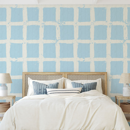 paperweave paper weave wallpaper in hand painted square pattern emulating window panes in an oversized plaid layout with a french blue base on cream printGrasscloth wallpaper Natural Textured Eco-Friendly Non-toxic High-quality Sustainable Interior Design Bold Custom Tailor-made Retro chic Bold coastal beach french blue sky ocean white bedroom